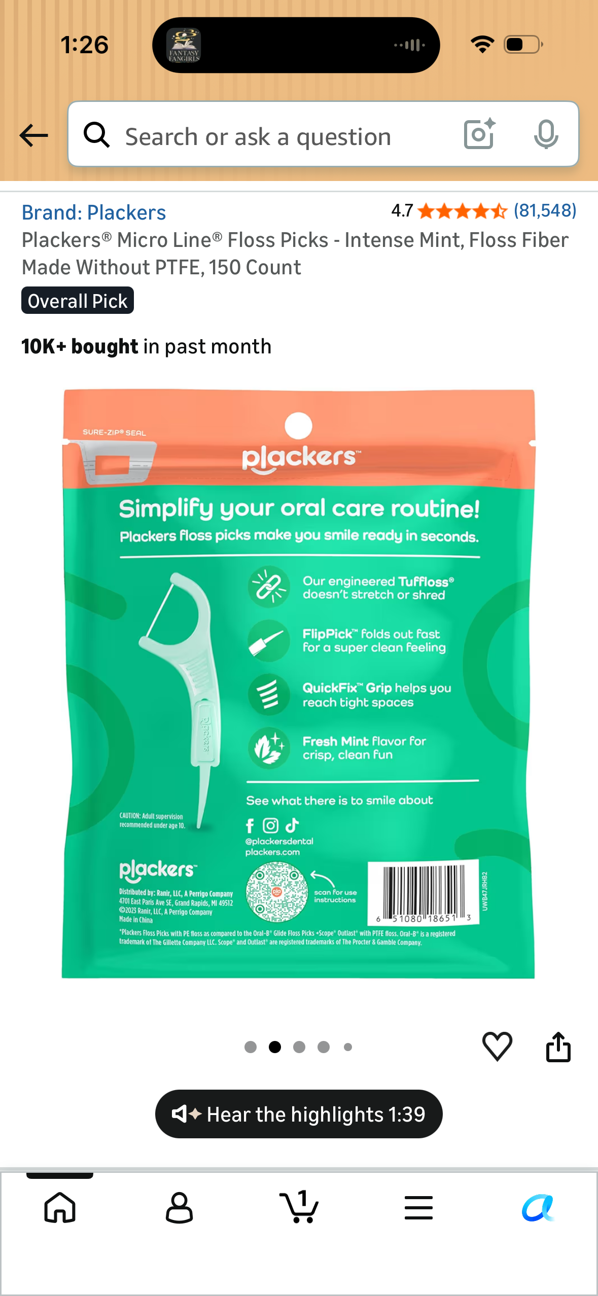 Plackers® Micro Line® Floss Picks - Intense Mint, Floss Fiber Made Without PTFE, 150 Count