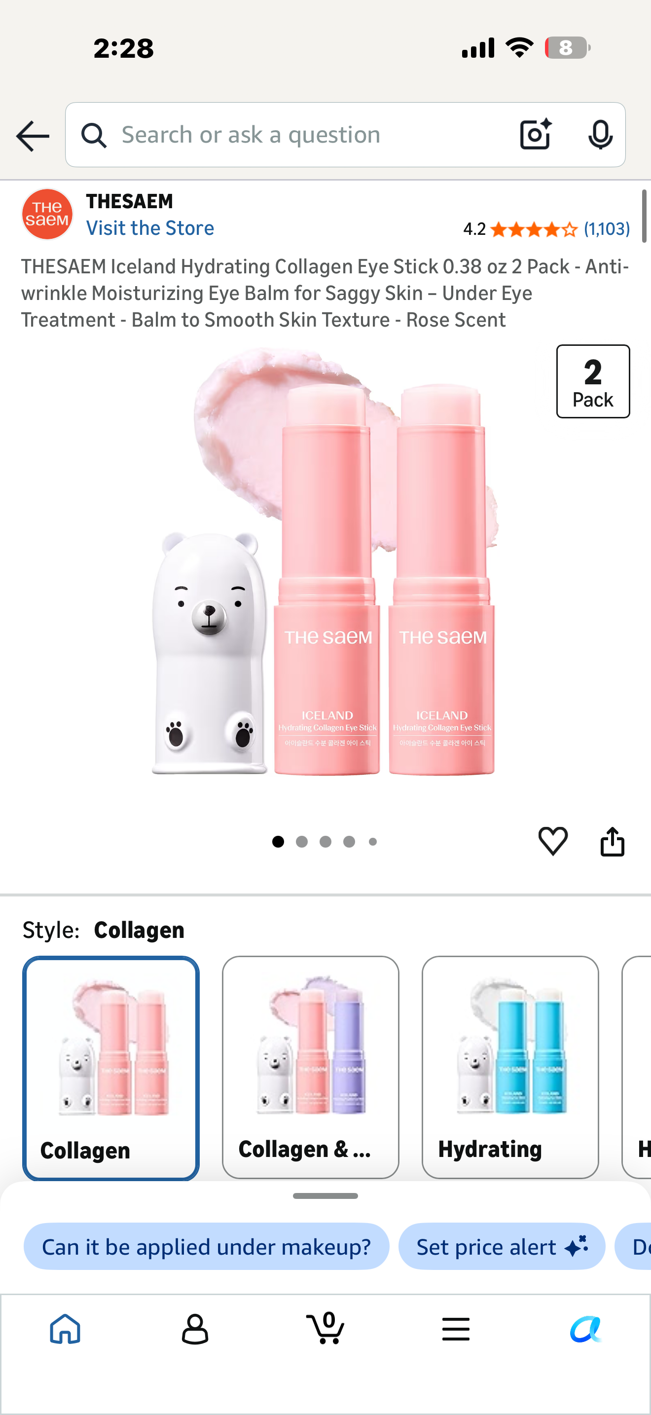 THESAEM Iceland Hydrating Collagen Eye Stick 0.38 oz 2 Pack - Anti-wrinkle Moisturizing Eye Balm for Saggy Skin – Under Eye Treatment - Balm to Smooth Skin Texture - Rose Scent