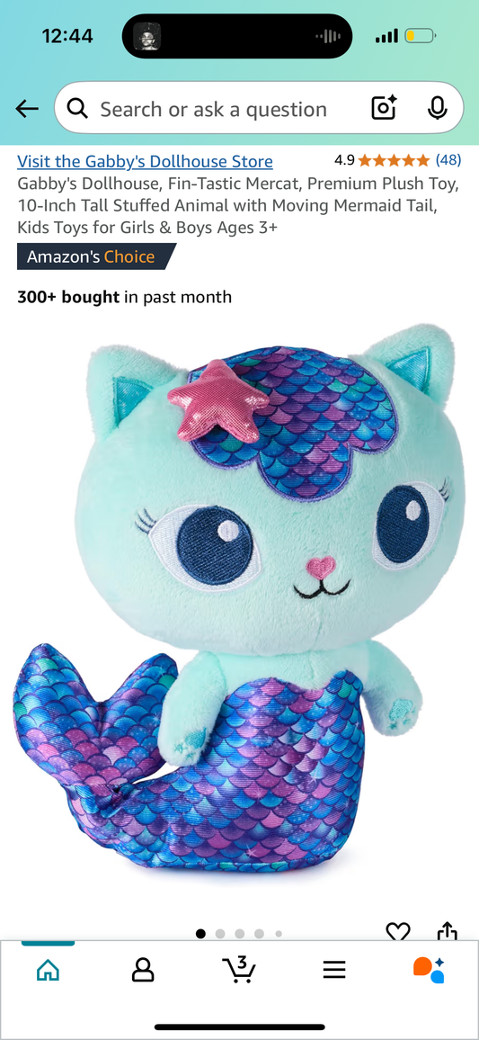 Gabby's Dollhouse, Fin-Tastic Mercat, Premium Plush Toy, 10-Inch Tall Stuffed Animal with Moving Mermaid Tail, Kids Toys for Girls & Boys Ages 3+