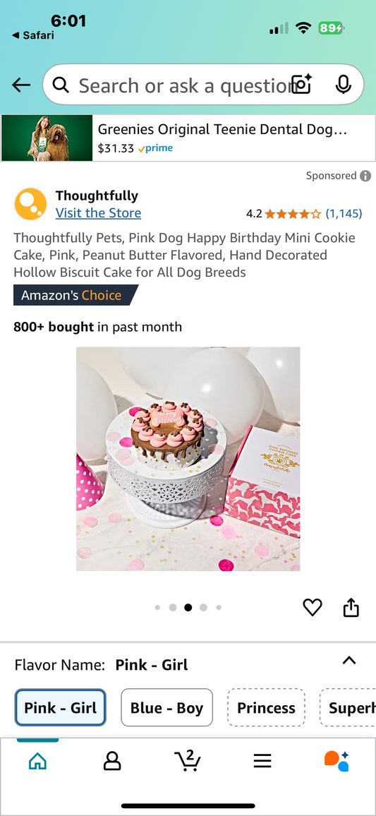 Thoughtfully Pets, Pink Dog Happy Birthday Mini Cookie Cake, Pink, Peanut Butter Flavored, Hand Decorated Hollow Biscuit Cake for All Dog Breeds