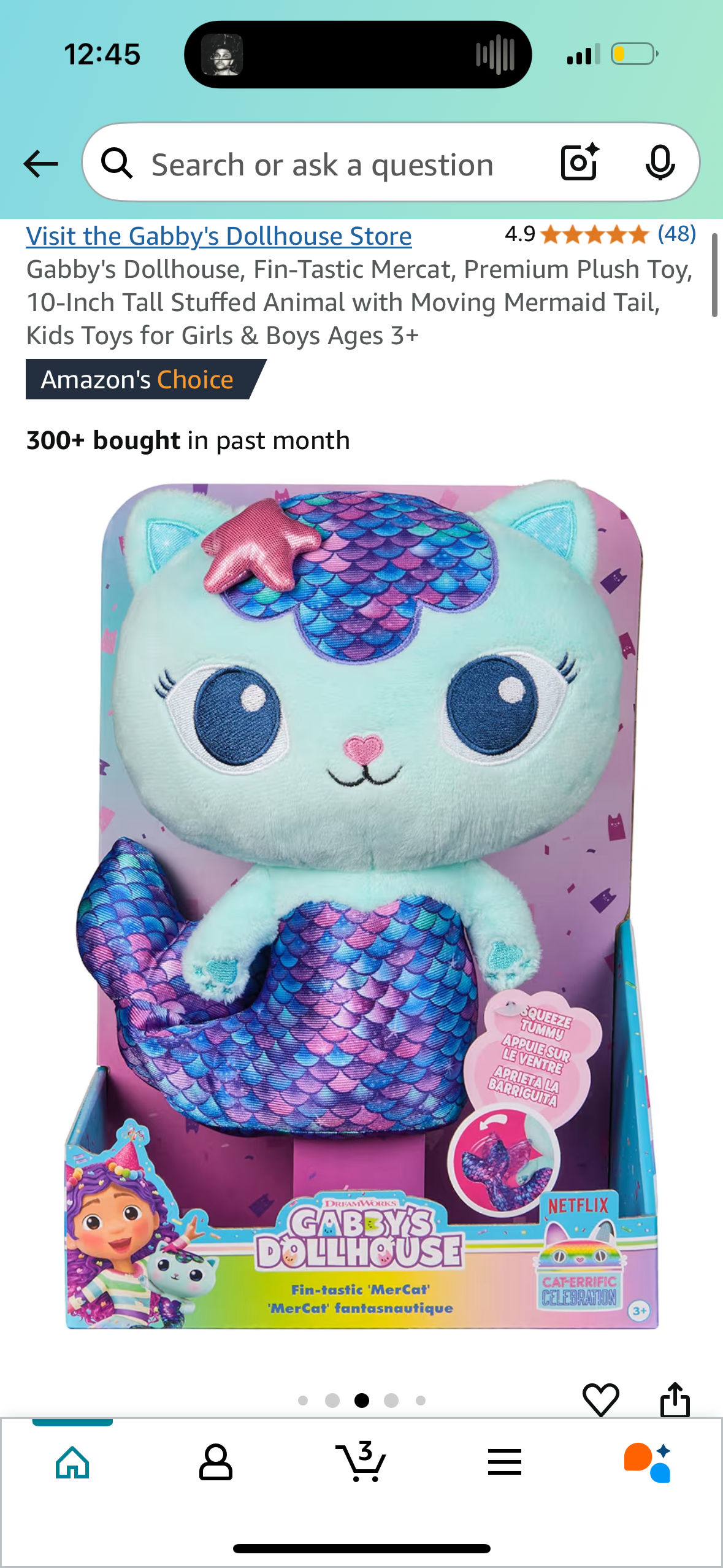 Gabby's Dollhouse, Fin-Tastic Mercat, Premium Plush Toy, 10-Inch Tall Stuffed Animal with Moving Mermaid Tail, Kids Toys for Girls & Boys Ages 3+