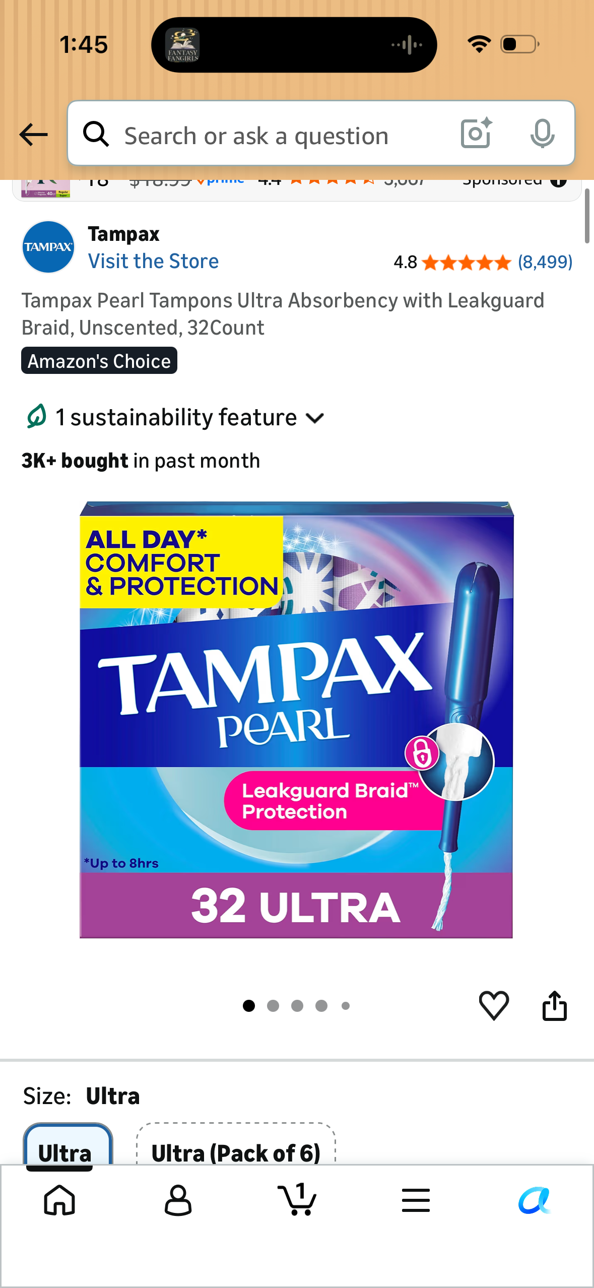 Tampax Pearl Tampons Ultra Absorbency with Leakguard Braid, Unscented, 32Count