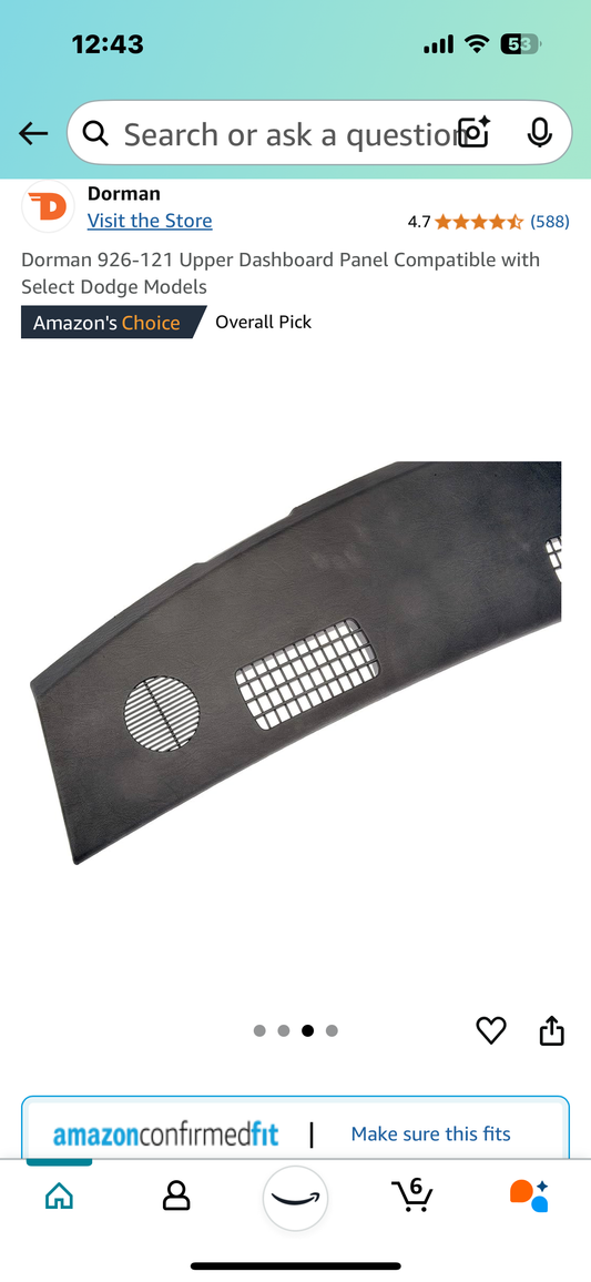 New - Upper Dashboard Panel 926-121 Compatible with Select Dodge Models (G708)
