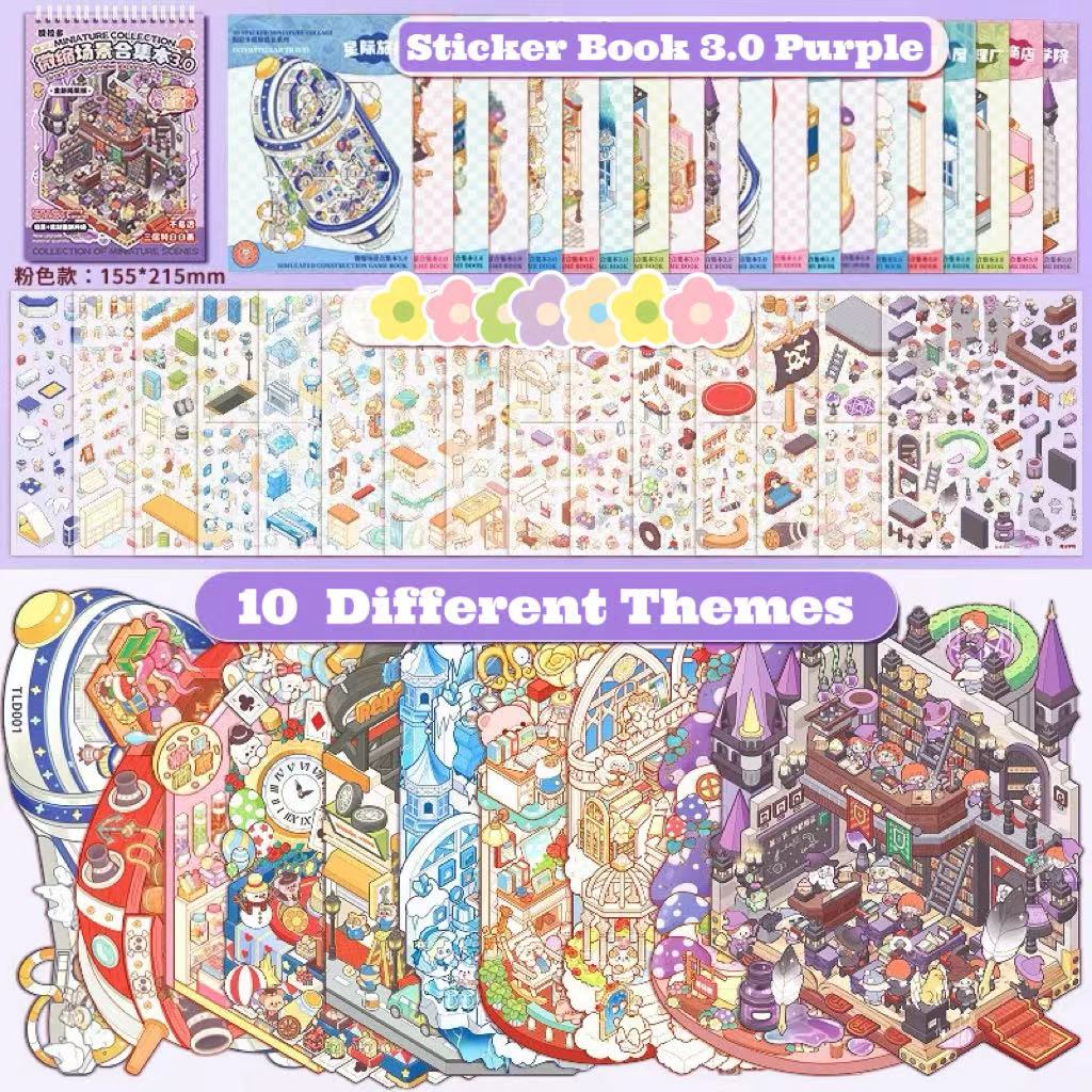 6 Sets Sticker Therapy DIY 3D Mini Scene Book: 1000 Premium Removable Stickers for Anxiety Relief, Creative Scrapbooking Reusable Stress Relief Activities for Adults and Teens