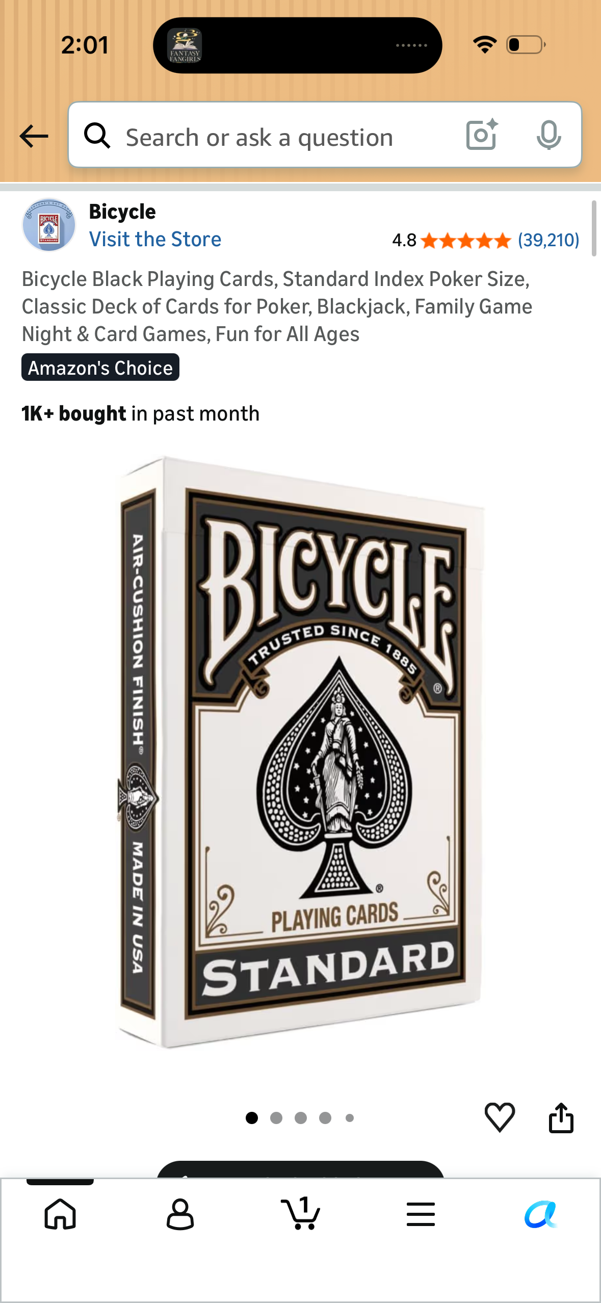 Bicycle Black Playing Cards, Standard Index Poker Size, Classic Deck of Cards for Poker, Blackjack, Family Game Night & Card Games, Fun for All Ages