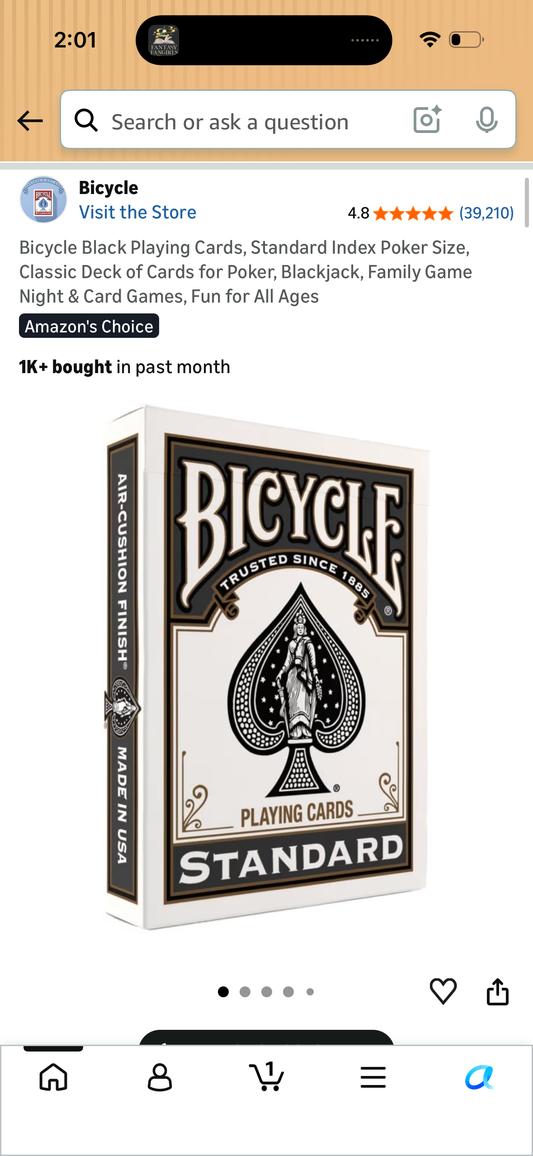 Bicycle Black Playing Cards, Standard Index Poker Size, Classic Deck of Cards for Poker, Blackjack, Family Game Night & Card Games, Fun for All Ages