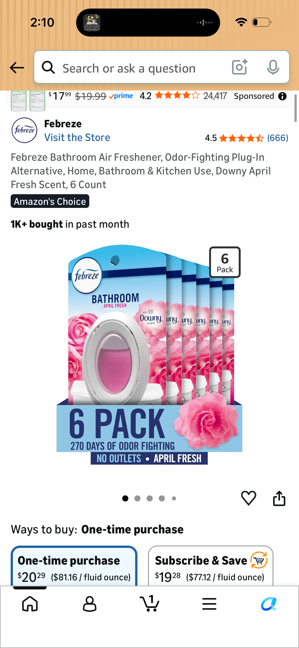 Febreze Bathroom Air Freshener, Odor-Fighting Plug-In Alternative, Home, Bathroom & Kitchen Use, Downy April Fresh Scent, 6 Count