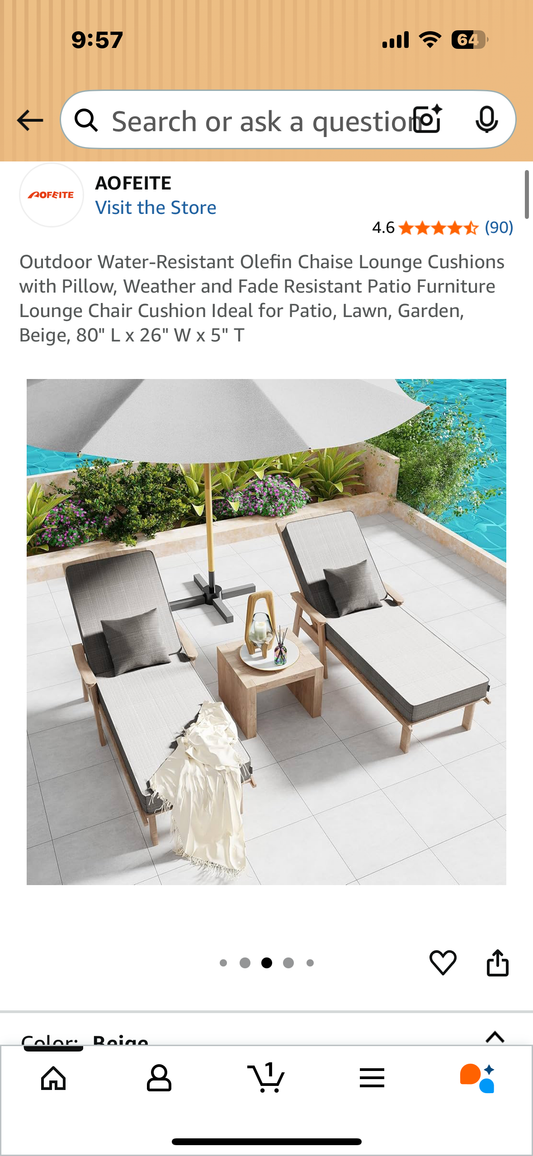 Outdoor Water-Resistant Olefin Chaise Lounge Cushions with Pillow, Weather and Fade Resistant Patio Furniture Lounge Chair Cushion Ideal for Patio, Lawn, Garden, Beige, 80" L x 26" W x 5" T (2 sets of Cushions) (G869)