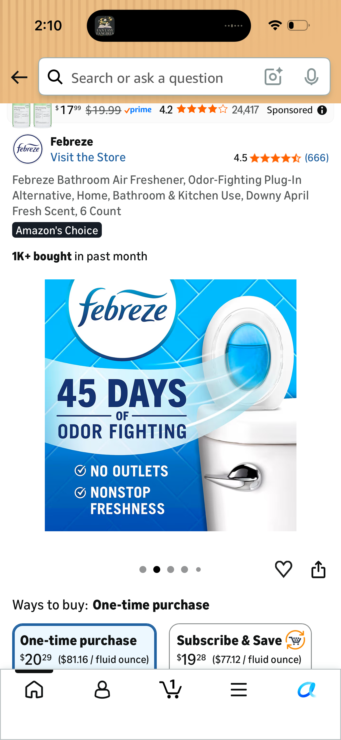 Febreze Bathroom Air Freshener, Odor-Fighting Plug-In Alternative, Home, Bathroom & Kitchen Use, Downy April Fresh Scent, 6 Count