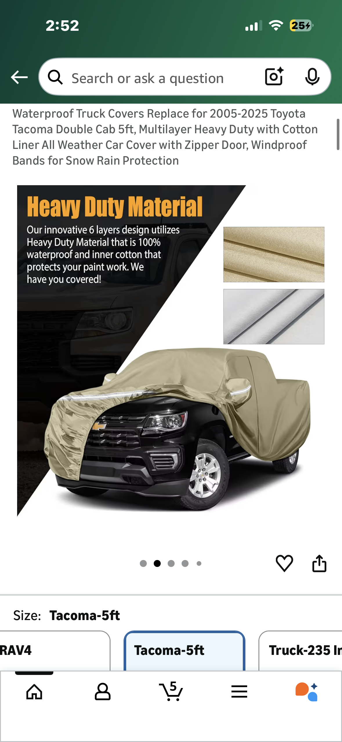 Waterproof Truck Covers Replace for 2005-2025 Toyota Tacoma Double Cab 5ft, Multilayer Heavy Duty with Cotton Liner All Weather Car Cover with Zipper Door, Windproof Bands for Snow Rain Protection
