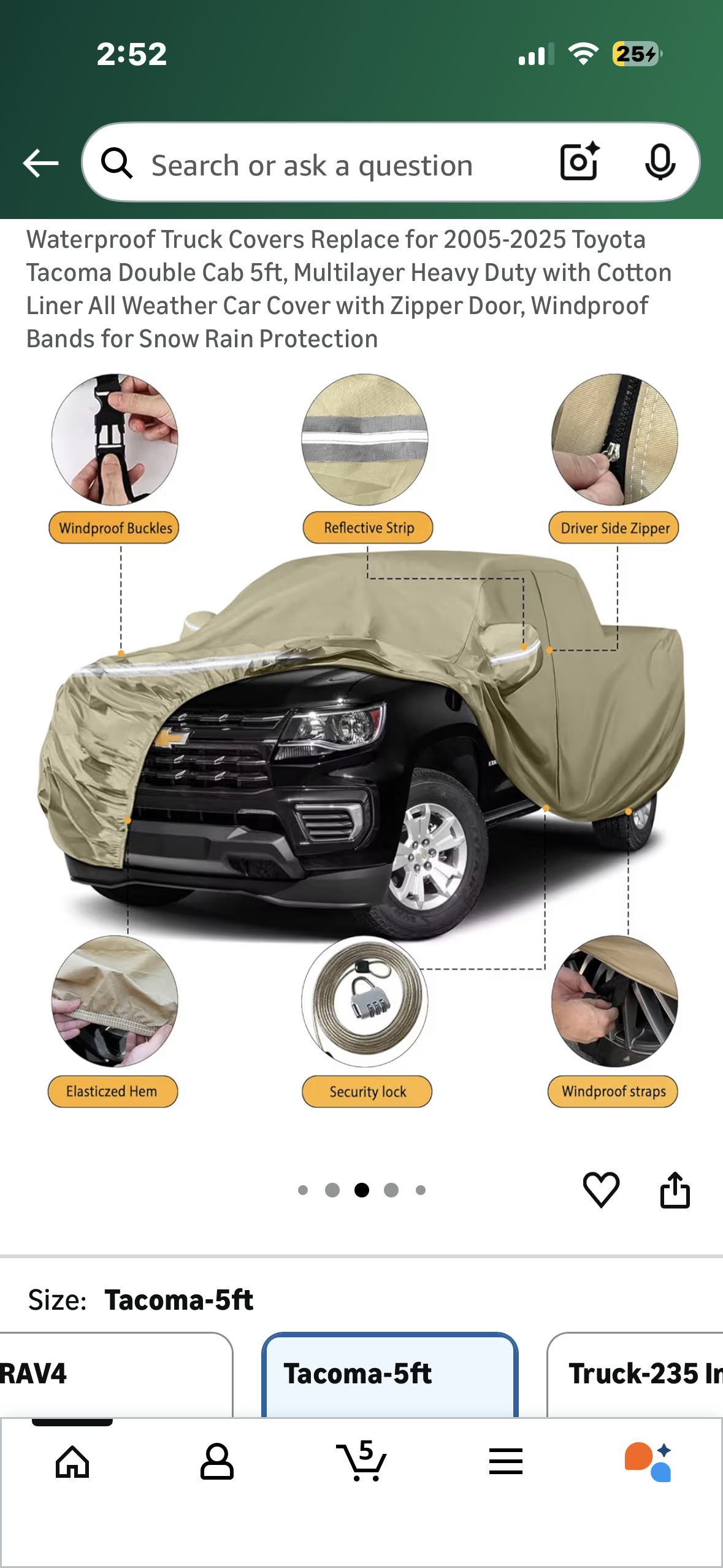 Waterproof Truck Covers Replace for 2005-2025 Toyota Tacoma Double Cab 5ft, Multilayer Heavy Duty with Cotton Liner All Weather Car Cover with Zipper Door, Windproof Bands for Snow Rain Protection