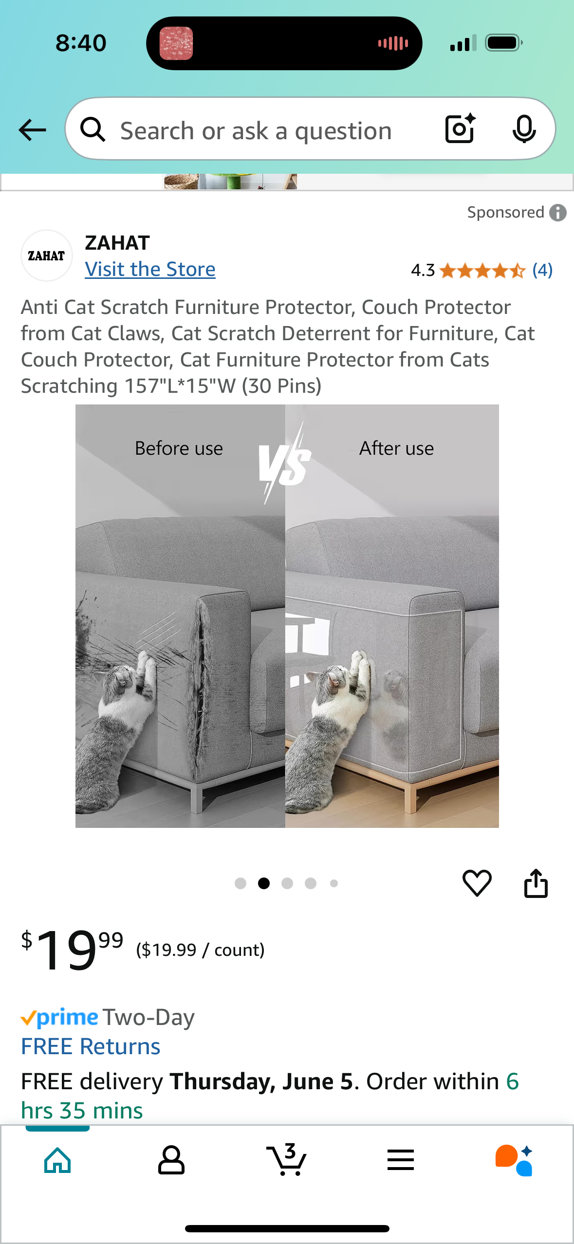 Anti Cat Scratch Furniture Protector, Couch Protector from Cat Claws, Cat Scratch Deterrent for Furniture, Cat Couch Protector, Cat Furniture Protector from Cats Scratching 157"L*15"W (30 Pins)