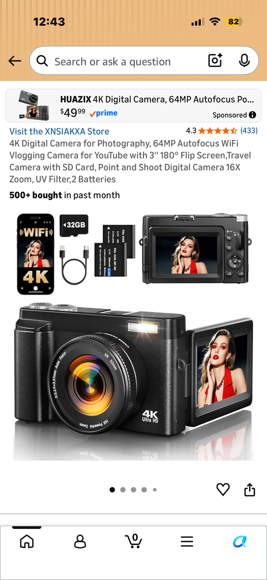 4K Digital Camera for Photography, 64MP Autofocus WiFi Vlogging Camera for YouTube with 3'' 180° Flip Screen,Travel Camera with SD Card, Point and Shoot Digital Camera 16X Zoom, UV Filter,2 Batteries