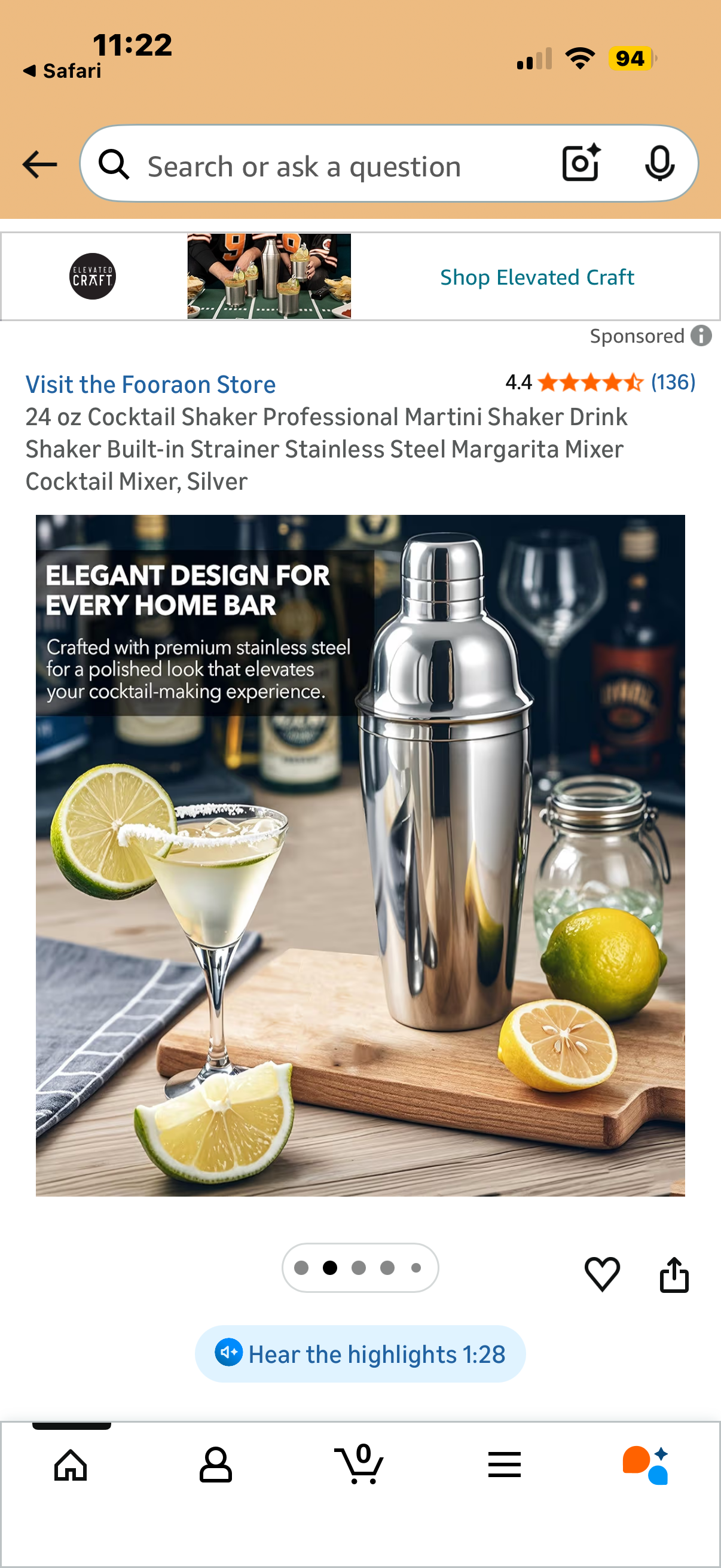 24 oz Cocktail Shaker Professional Martini Shaker Drink Shaker Built-in Strainer Stainless Steel Margarita Mixer Cocktail Mixer, Silver l