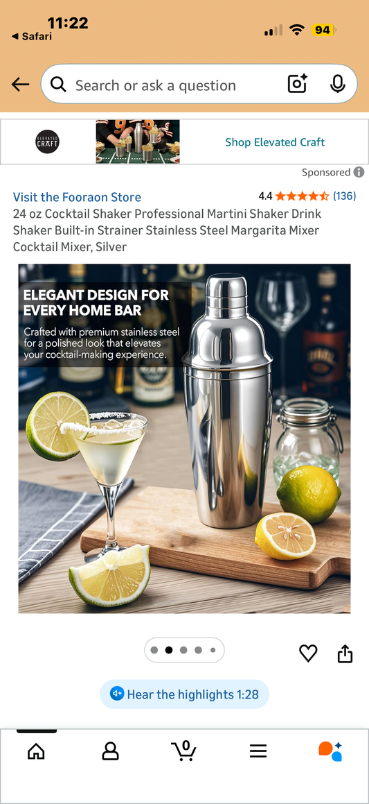 24 oz Cocktail Shaker Professional Martini Shaker Drink Shaker Built-in Strainer Stainless Steel Margarita Mixer Cocktail Mixer, Silver l