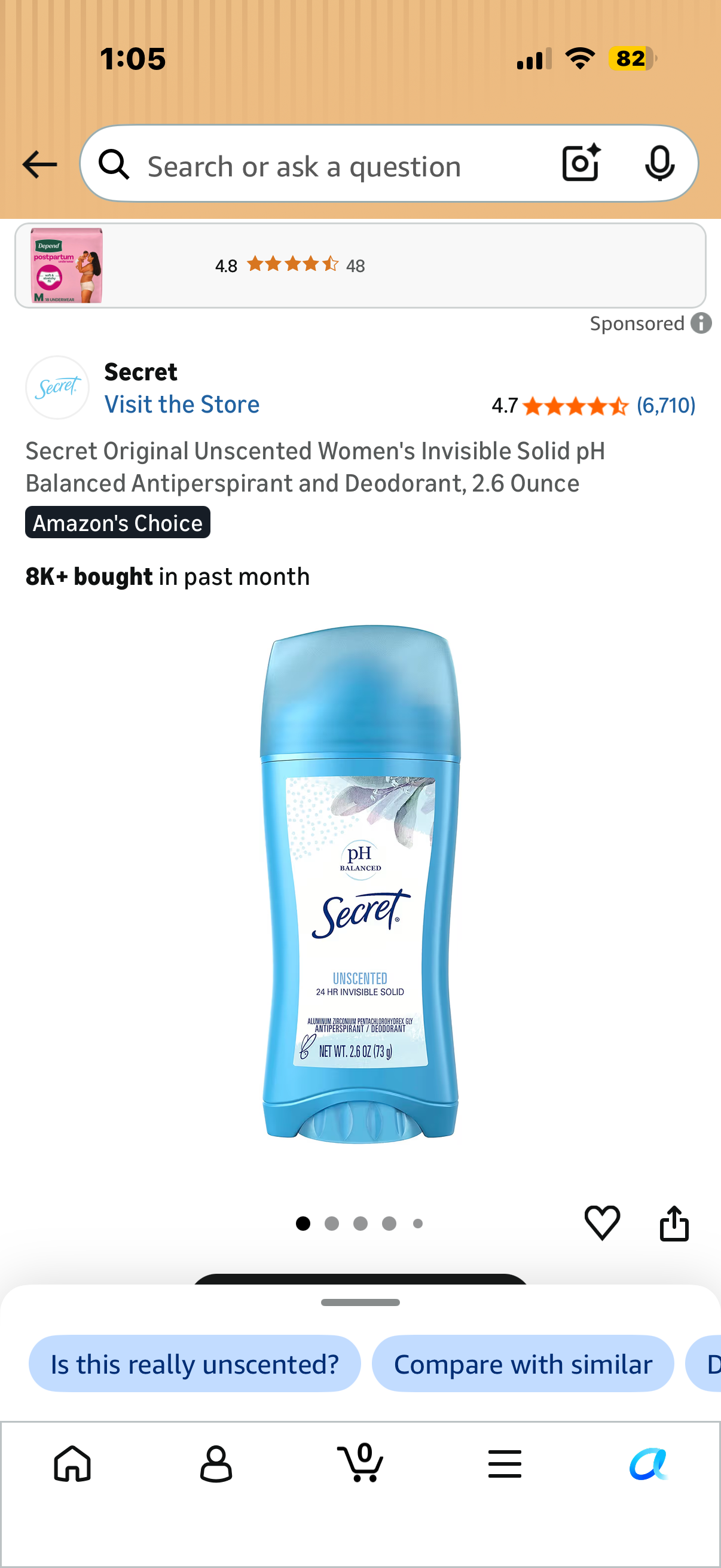 2-Pack Secret Original Unscented Women's Invisible Solid pH Balanced Antiperspirant and Deodorant, 2.6 Ounce