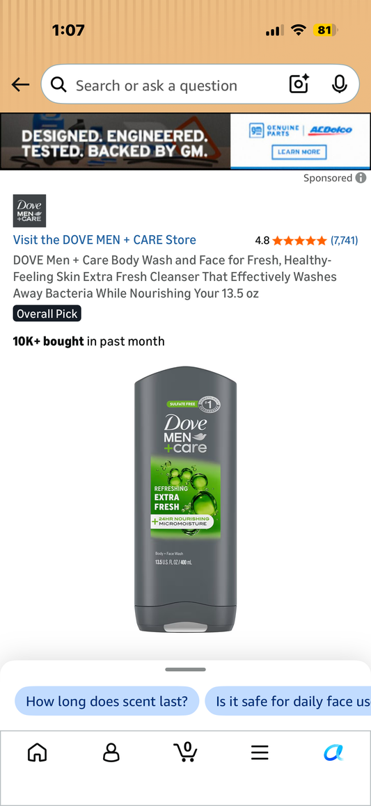 DOVE Men + Care Body Wash and Face for Fresh, Healthy-Feeling Skin Extra Fresh Cleanser That Effectively Washes Away Bacteria While Nourishing Your 13.5 oz