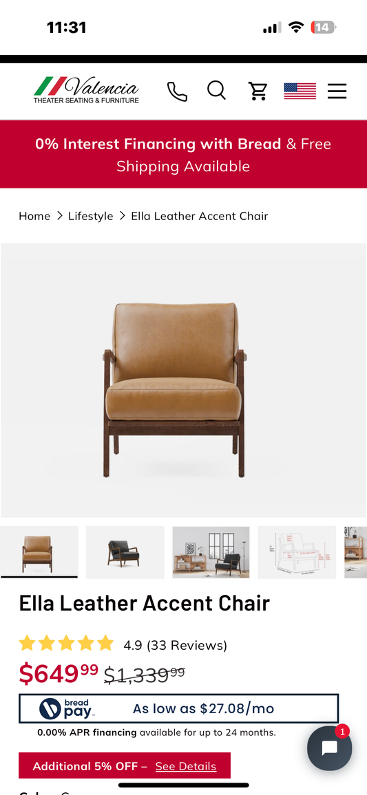 Valencia Ella Leather Accent Chair, Top Grain Nappa Leather, Mid-Century Modern Armchair with Sold Wood Frame for Living Room, Cognac (L1029)