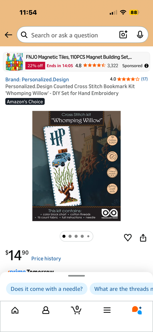 Counted Cross Stitch Bookmark Kit 'Whomping Willow' - DIY Set for Hand Embroidery