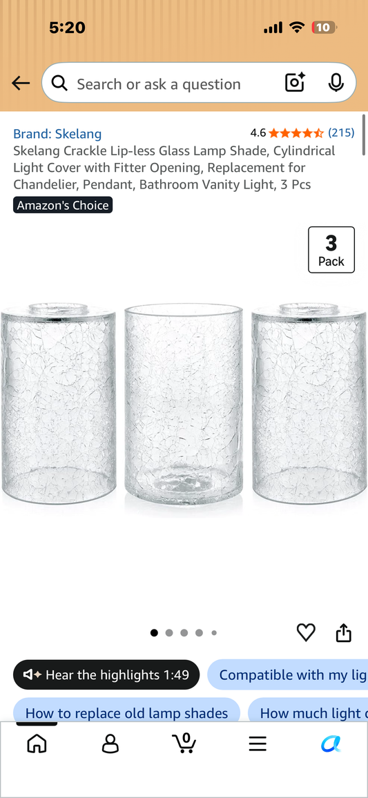 Skelang Crackle Lip-less Glass Lamp Shade, Cylindrical Light Cover with Fitter Opening, Replacement for Chandelier, Pendant, Bathroom Vanity Light, 3 Pcs