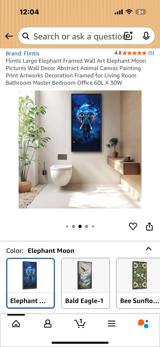 Flintis Large Elephant Framed Wall Art Canvas, Abstract Animal Canvas Painting Framed for Living Room, Bathroom Master Bedroom, Office, 60L X 30W (L1030)