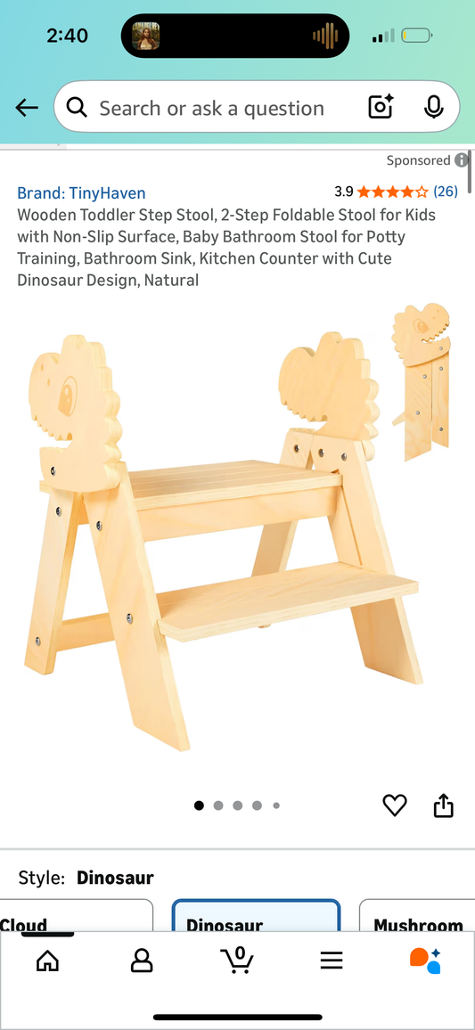 Wooden Toddler Step Stool, 2-Step Foldable Stool for Kids with Non-Slip Surface, Baby Bathroom Stool for Potty Training, Bathroom Sink, Kitchen Counter with Cute Dinosaur Design, Natural