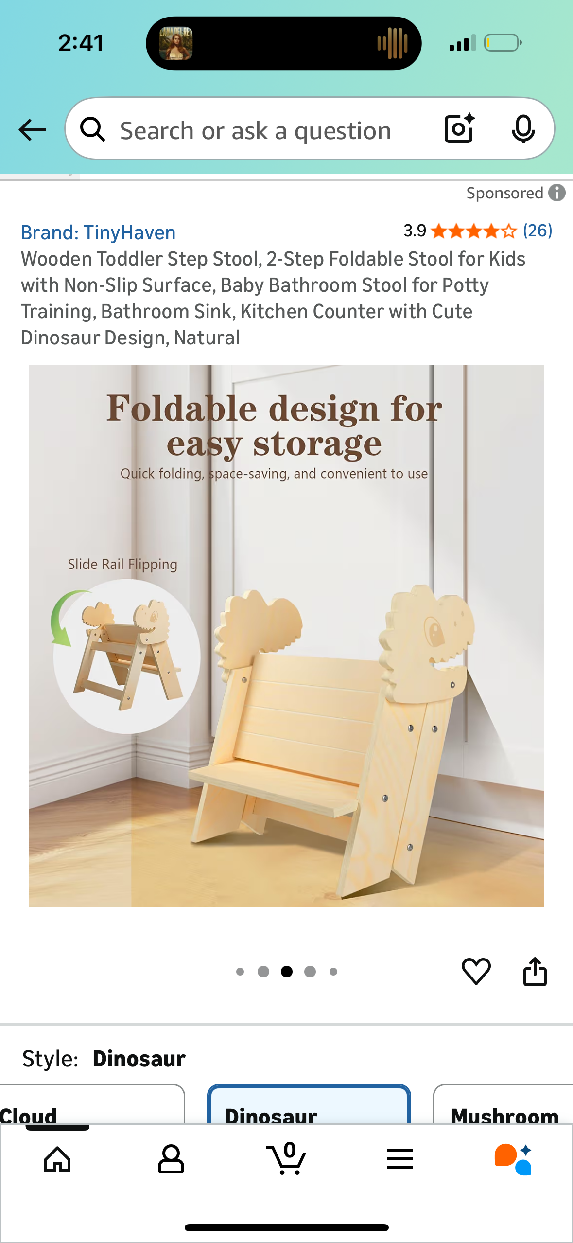 Wooden Toddler Step Stool, 2-Step Foldable Stool for Kids with Non-Slip Surface, Baby Bathroom Stool for Potty Training, Bathroom Sink, Kitchen Counter with Cute Dinosaur Design, Natural