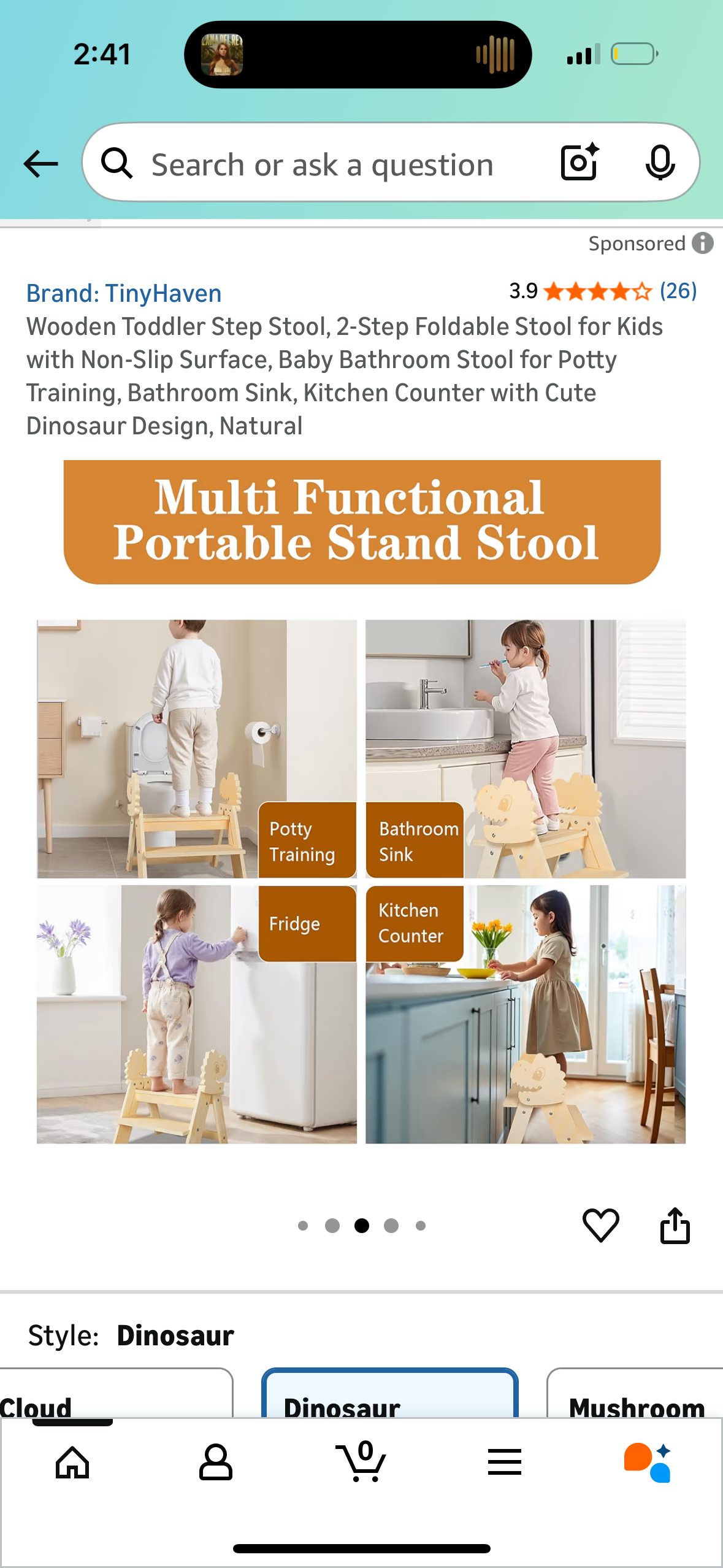 Wooden Toddler Step Stool, 2-Step Foldable Stool for Kids with Non-Slip Surface, Baby Bathroom Stool for Potty Training, Bathroom Sink, Kitchen Counter with Cute Dinosaur Design, Natural