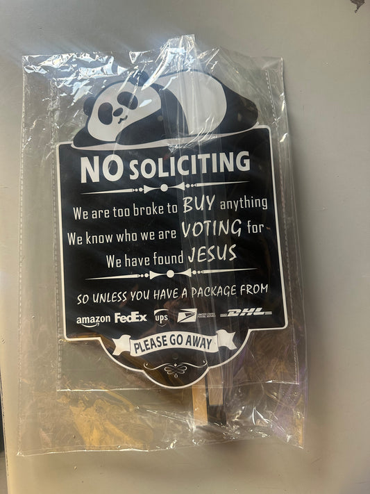 Humorous No Soliciting Sign for House with Panda Theme, Funny Metal Yard Sign Stakes for Front Door and Lawn (11.42" x 7.87" x 28")