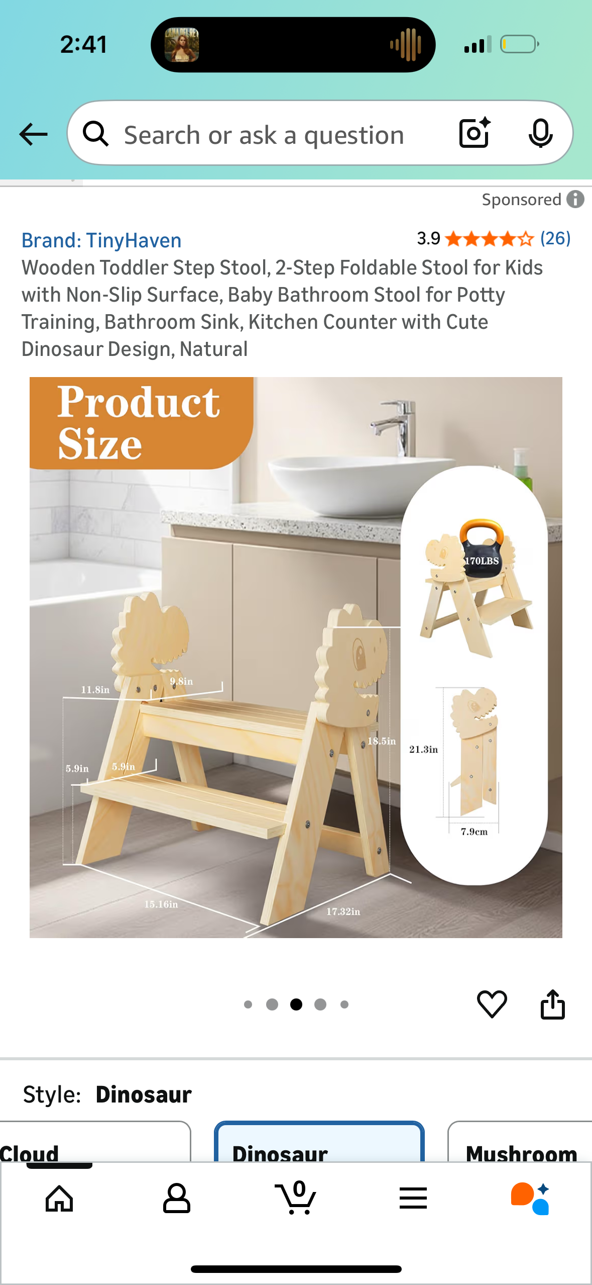 Wooden Toddler Step Stool, 2-Step Foldable Stool for Kids with Non-Slip Surface, Baby Bathroom Stool for Potty Training, Bathroom Sink, Kitchen Counter with Cute Dinosaur Design, Natural