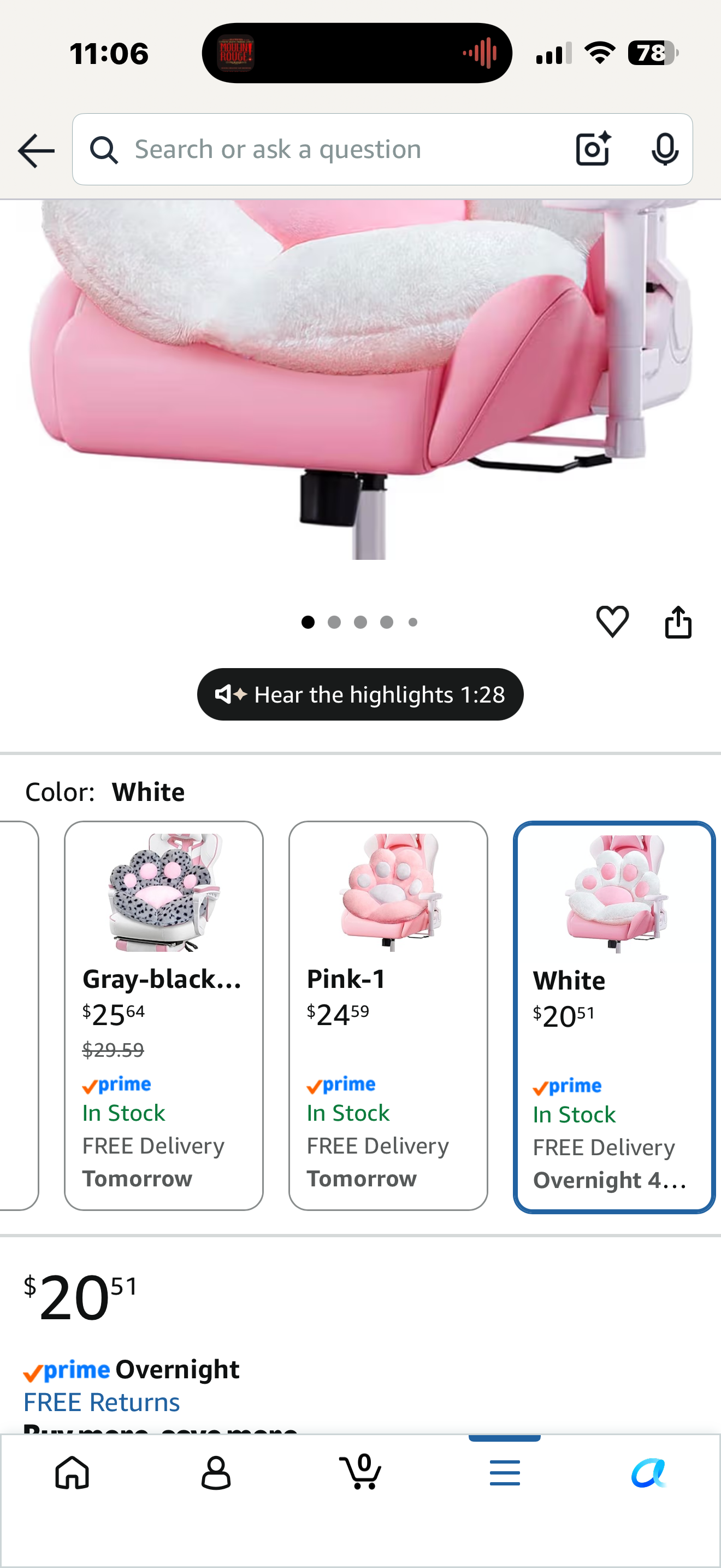 Cat Paw Cushion Cute Chair Cushion Kawaii Plush Seat Cushions 28"x 24"Gaming Chair Cushion Shape Lazy Pillow for Gamer Chair, Kawaii Accessories for Girl Worker Gift Stuff Room Decor (White