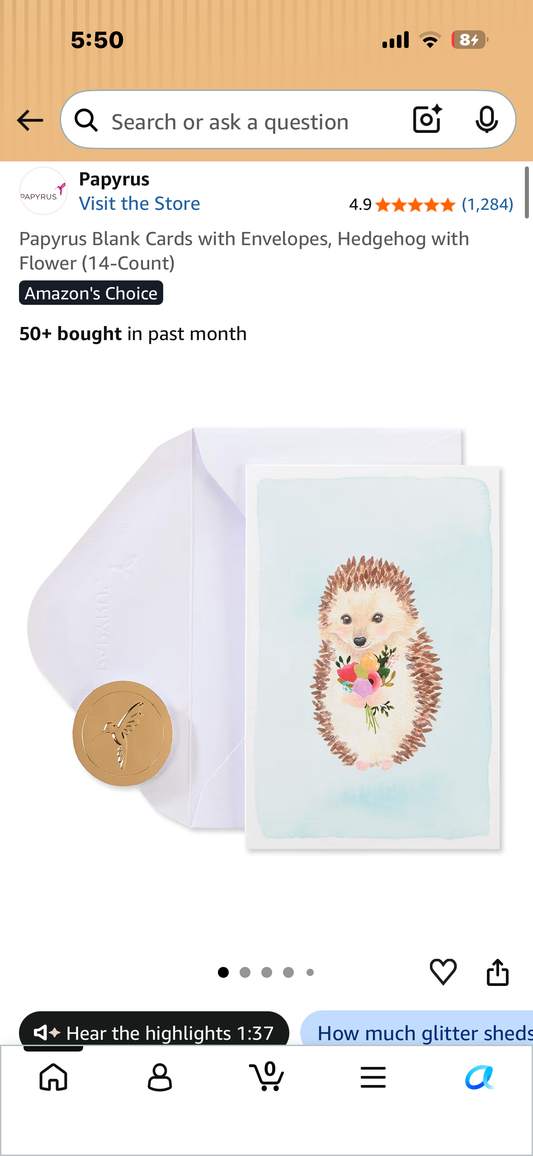 Papyrus Blank Cards with Envelopes, Hedgehog with Flower (14-Count)