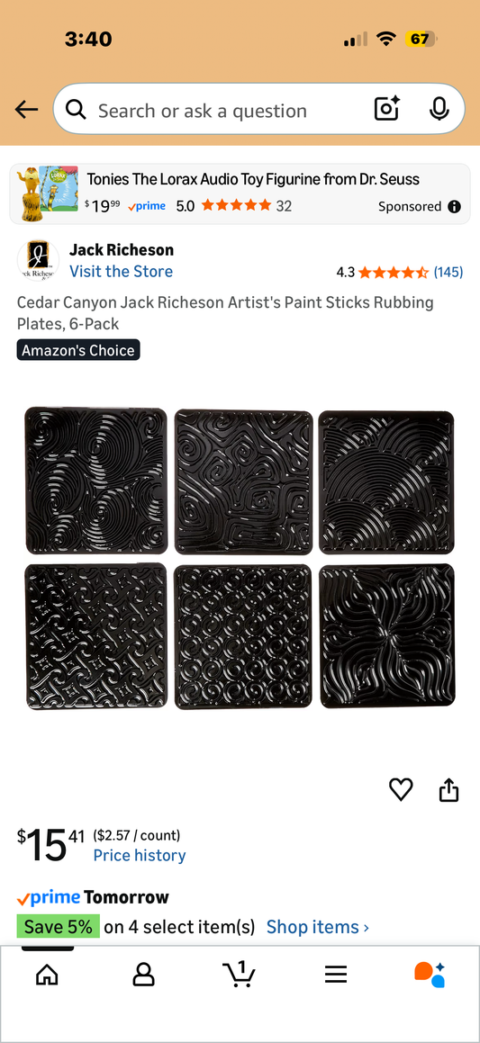 Cedar Canyon Jack Richeson Artist's Paint Sticks Rubbing Plates, 6-Pack
