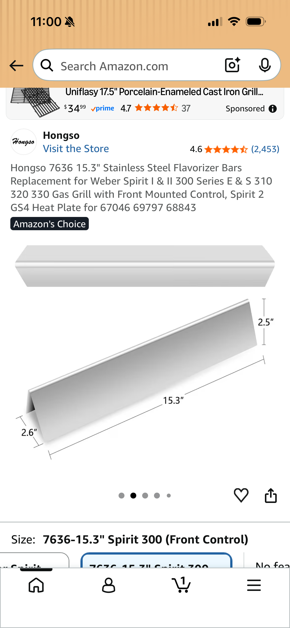 Hongso 7636 15.3" Stainless Steel Flavorizer Bars Replacement for Weber Spirit I & II 300 Series E & S 310 320 330 Gas Grill with Front Mounted Control, Spirit 2 GS4 Heat Plate for 67046 69797 68843