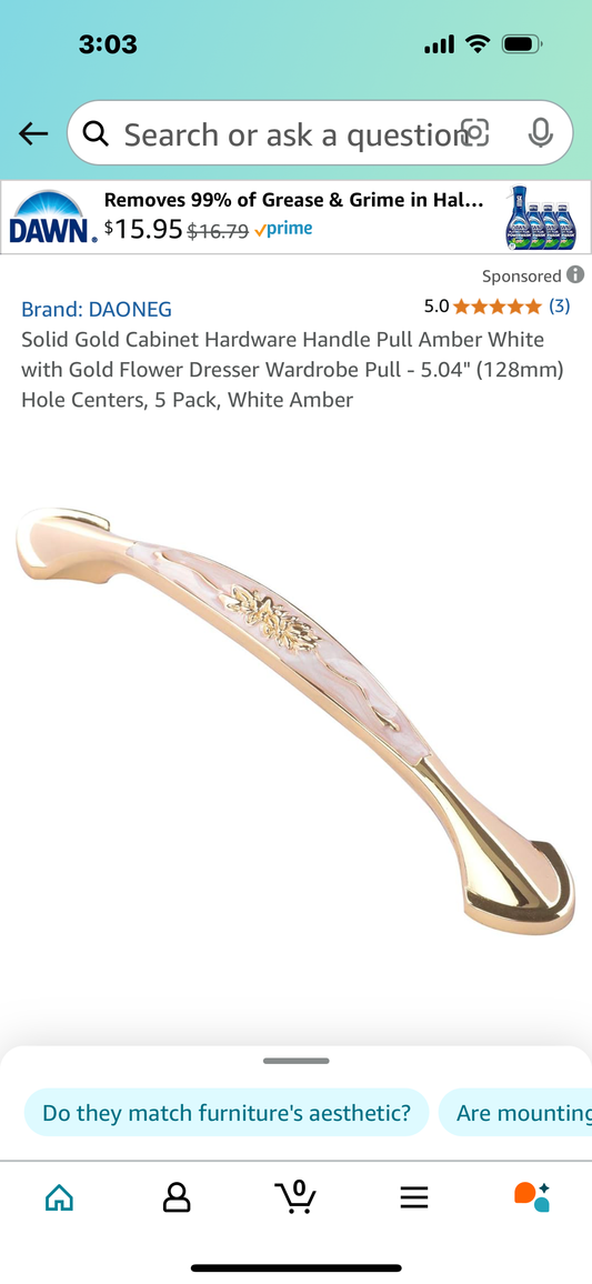 Solid Gold Cabinet Hardware Handle Pull Amber White with Gold Flower Dresser Wardrobe Pull - 5.04" (128mm) Hole Centers, 5 Pack, White Amber