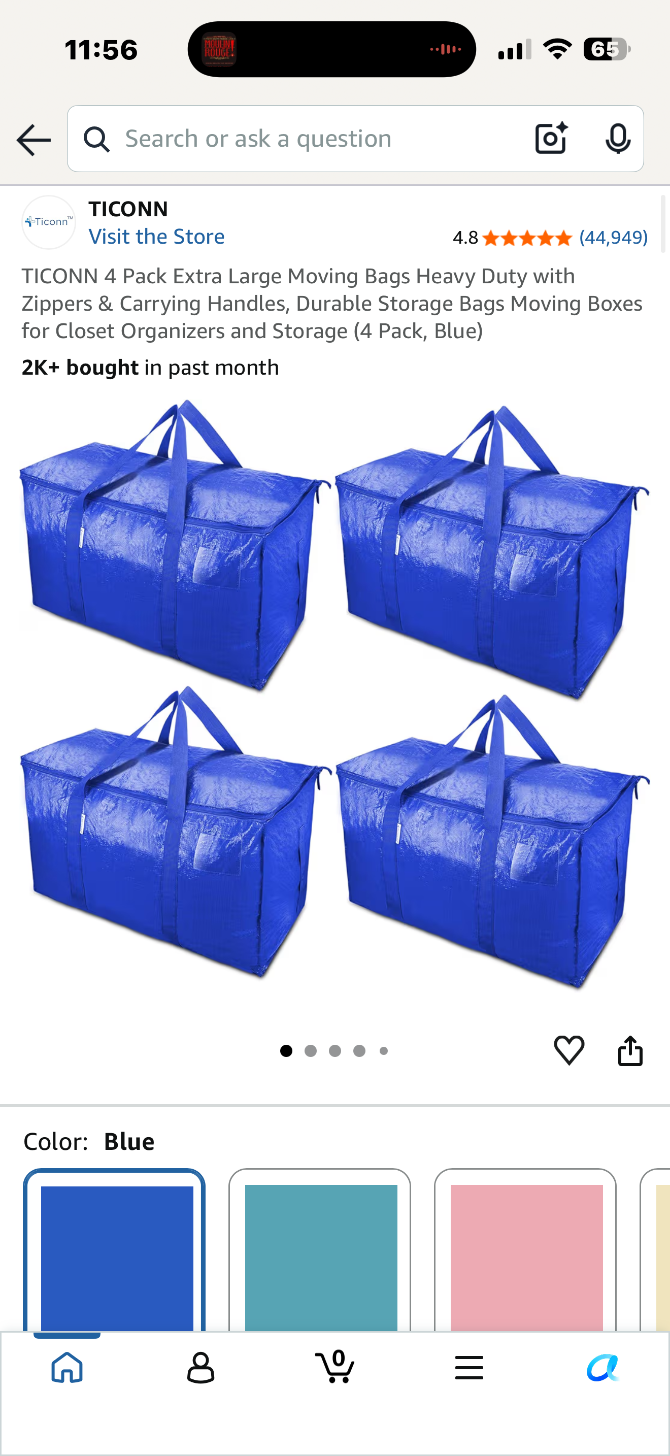 TICONN 4 Pack Extra Large Moving Bags Heavy Duty with Zippers & Carrying Handles, Durable Storage Bags Moving Boxes for Closet Organizers and Storage (4 Pack, Blue)