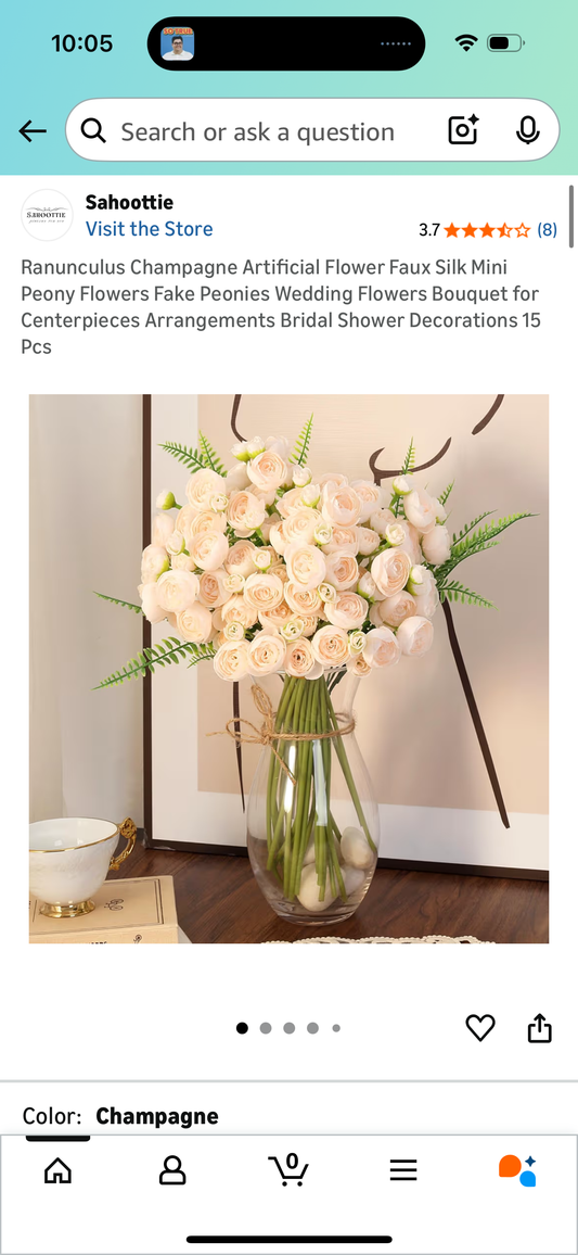 Ranunculus Champagne Artificial Flower Faux Silk Mini Peony Flowers Fake Peonies Wedding Flowers Bouquet for Centerpieces Arrangements Bridal Shower Decorations 15 Pcs