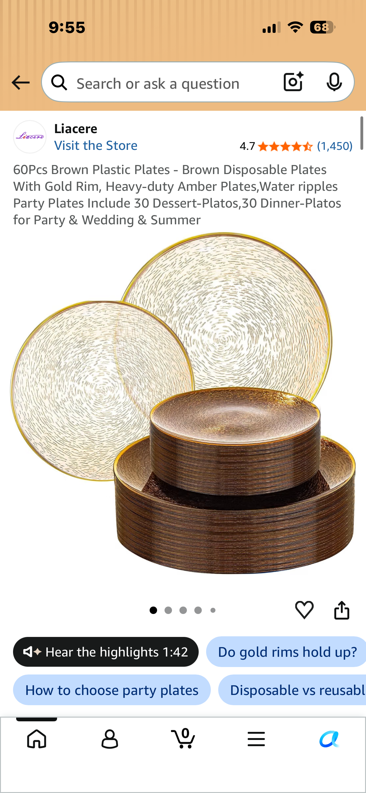 60Pcs Disposable Plates Amber With Gold Rim, Heavy-duty Amber Plates, Decorative Water Ripples Party Plates, Includes 30 Dessert-Platos, 30 Dinner-Plates