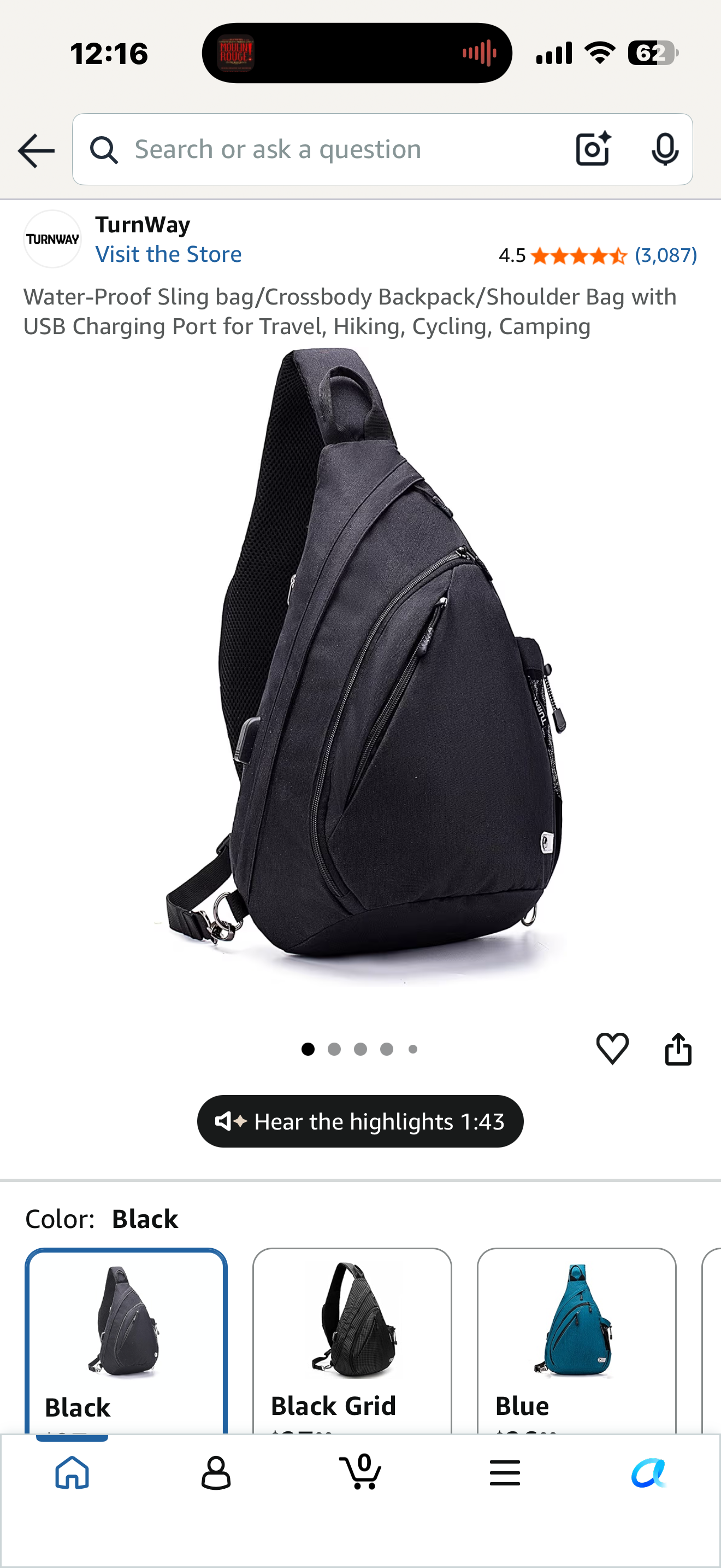 Water-Proof Sling bag/Crossbody Backpack/Shoulder Bag with USB Charging Port for Travel, Hiking, Cycling, Camping