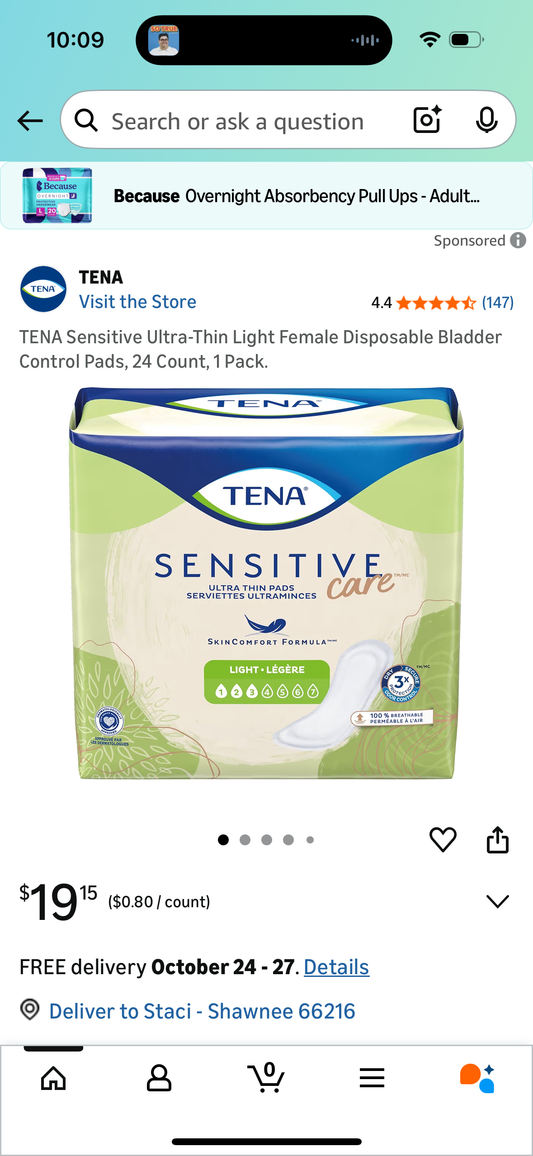TENA Sensitive Ultra-Thin Light Female Disposable Bladder Control Pads, 24 Count, 1 Pack.