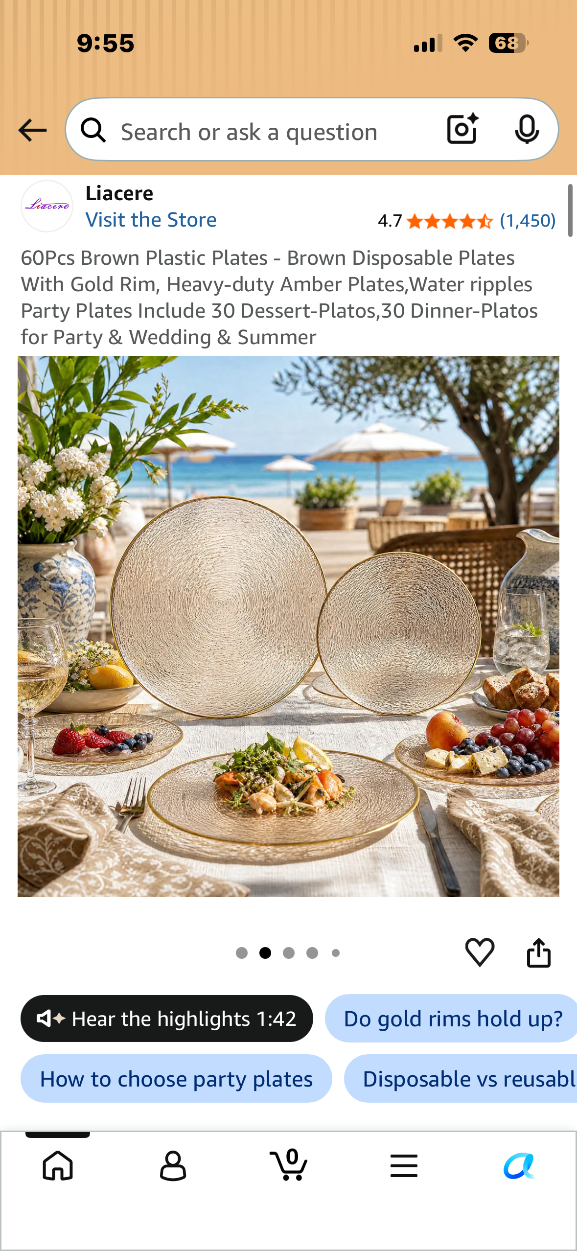60Pcs Disposable Plates Amber With Gold Rim, Heavy-duty Amber Plates, Decorative Water Ripples Party Plates, Includes 30 Dessert-Platos, 30 Dinner-Plates