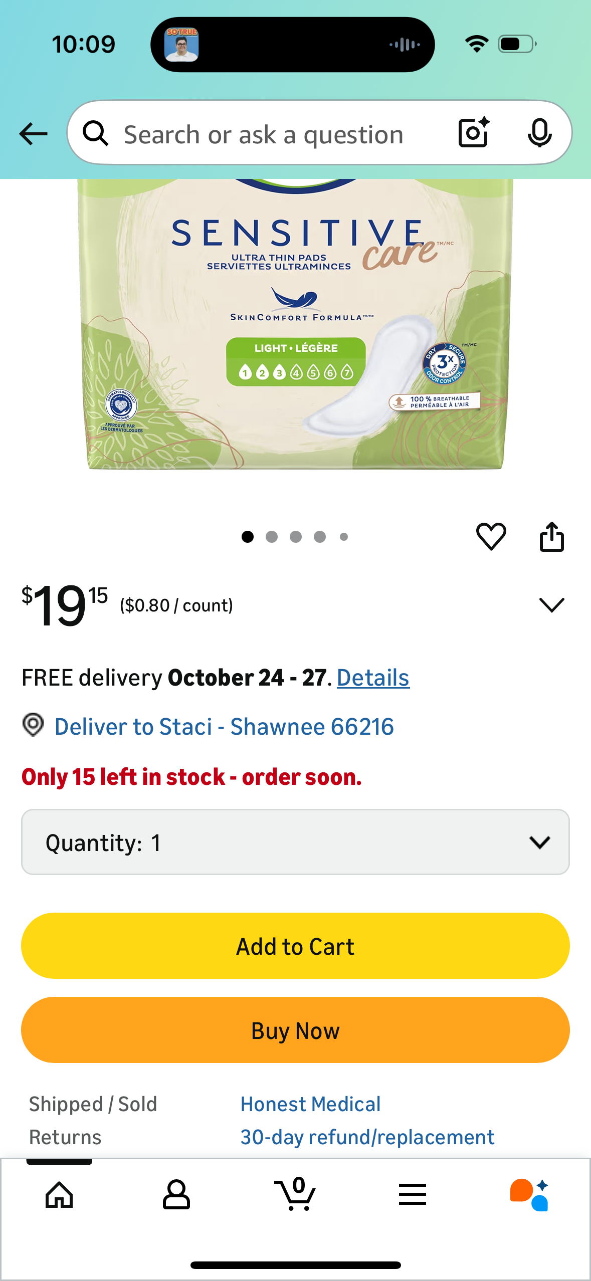 TENA Sensitive Ultra-Thin Light Female Disposable Bladder Control Pads, 24 Count, 1 Pack.