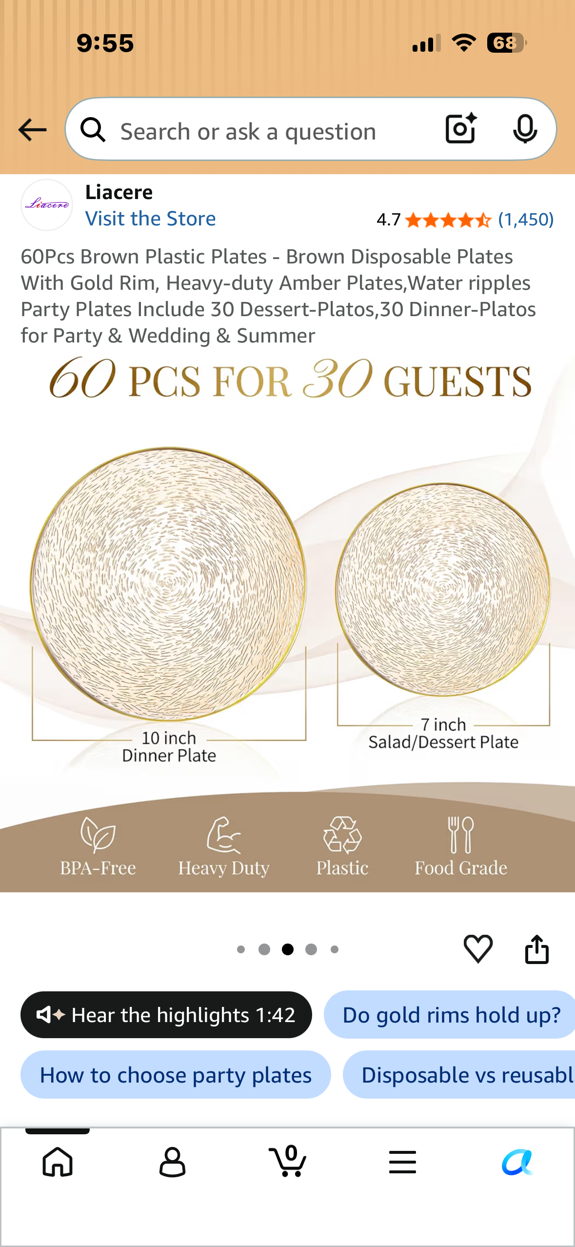 60Pcs Disposable Plates Amber With Gold Rim, Heavy-duty Amber Plates, Decorative Water Ripples Party Plates, Includes 30 Dessert-Platos, 30 Dinner-Plates