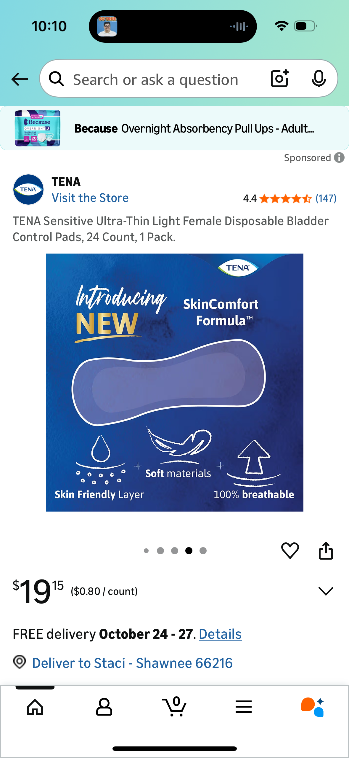 TENA Sensitive Ultra-Thin Light Female Disposable Bladder Control Pads, 24 Count, 1 Pack.