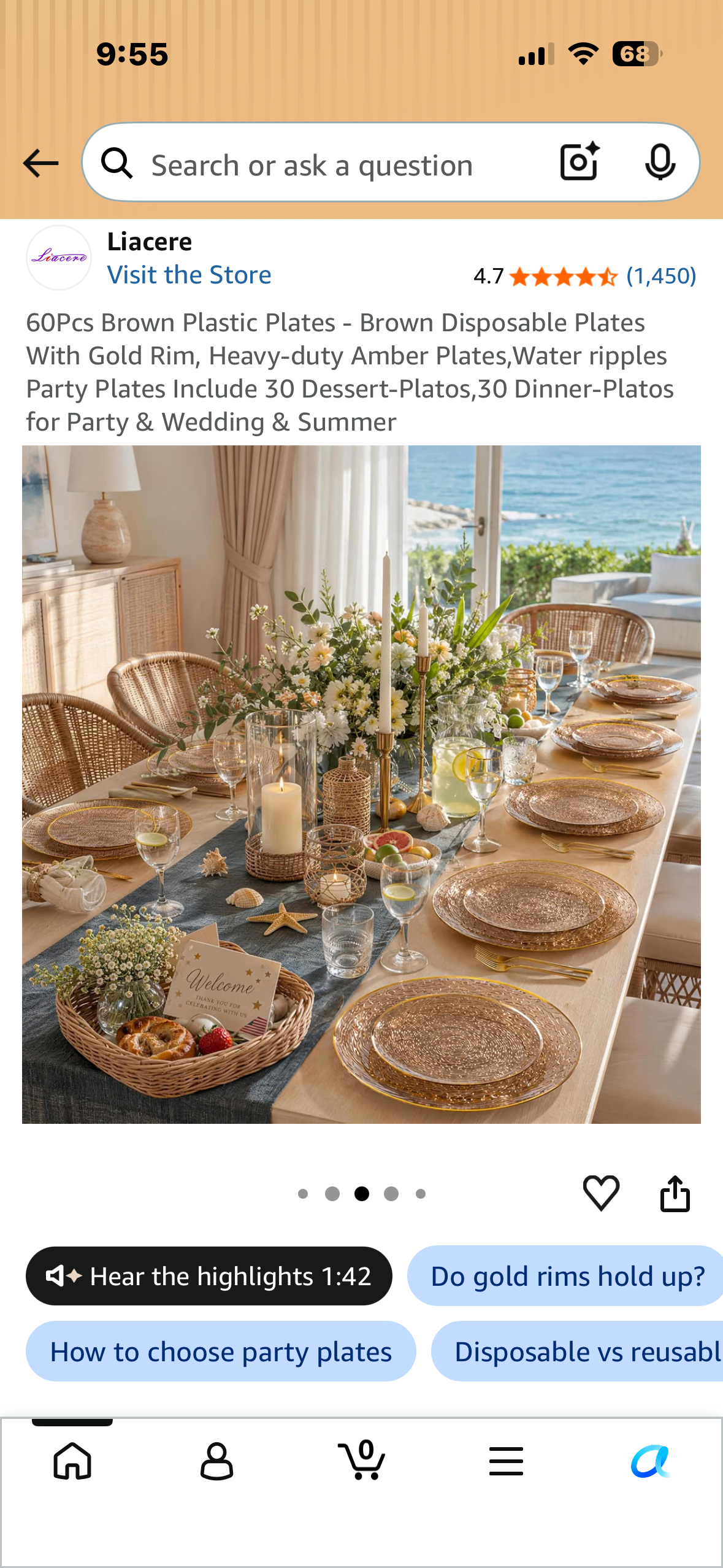 60Pcs Disposable Plates Amber With Gold Rim, Heavy-duty Amber Plates, Decorative Water Ripples Party Plates, Includes 30 Dessert-Platos, 30 Dinner-Plates