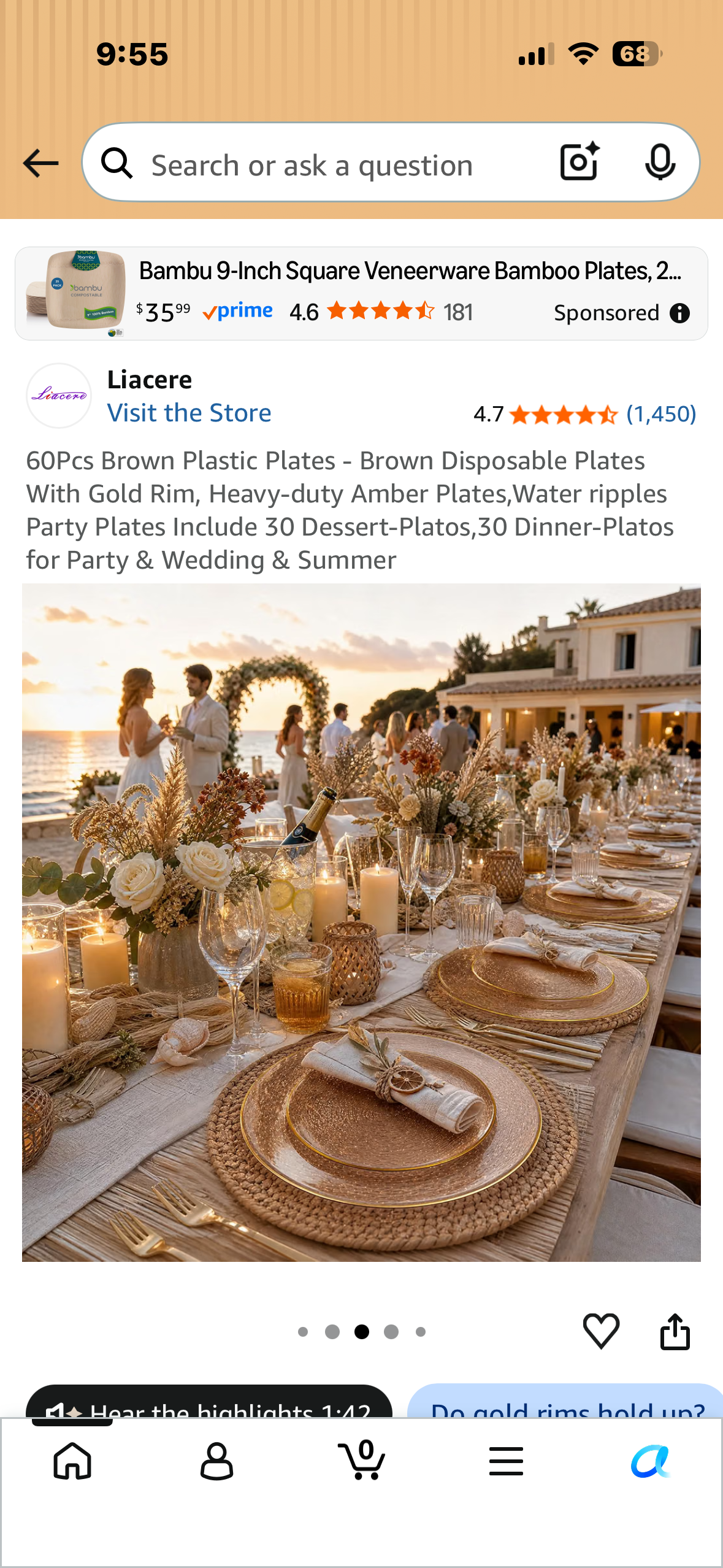 60Pcs Disposable Plates Amber With Gold Rim, Heavy-duty Amber Plates, Decorative Water Ripples Party Plates, Includes 30 Dessert-Platos, 30 Dinner-Plates