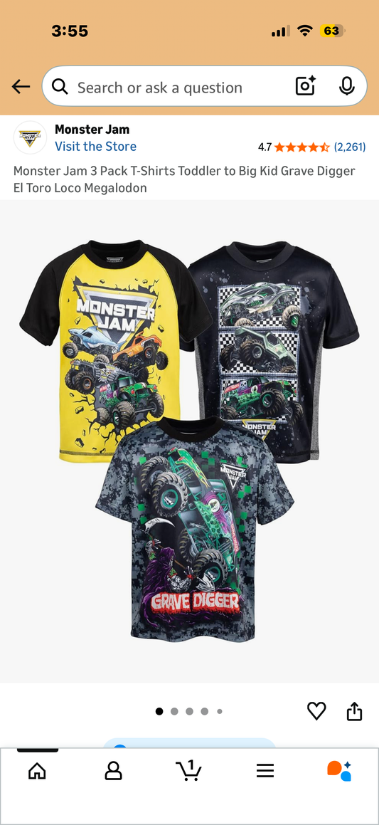 Monster Jam 3 Pack T-Shirts Toddler to Big Kid Grave Digger El Toro Loco Megalodon (Size 6)