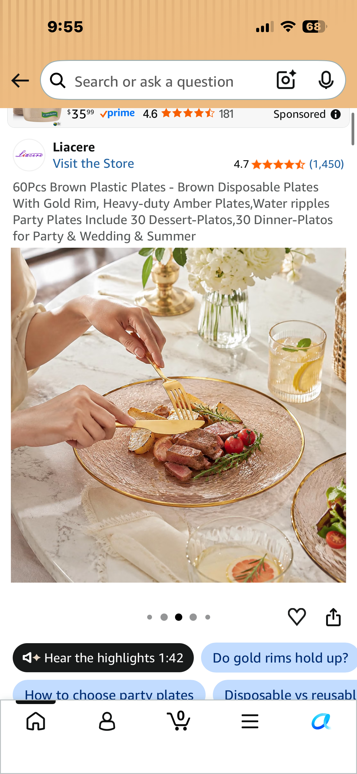 60Pcs Disposable Plates Amber With Gold Rim, Heavy-duty Amber Plates, Decorative Water Ripples Party Plates, Includes 30 Dessert-Platos, 30 Dinner-Plates