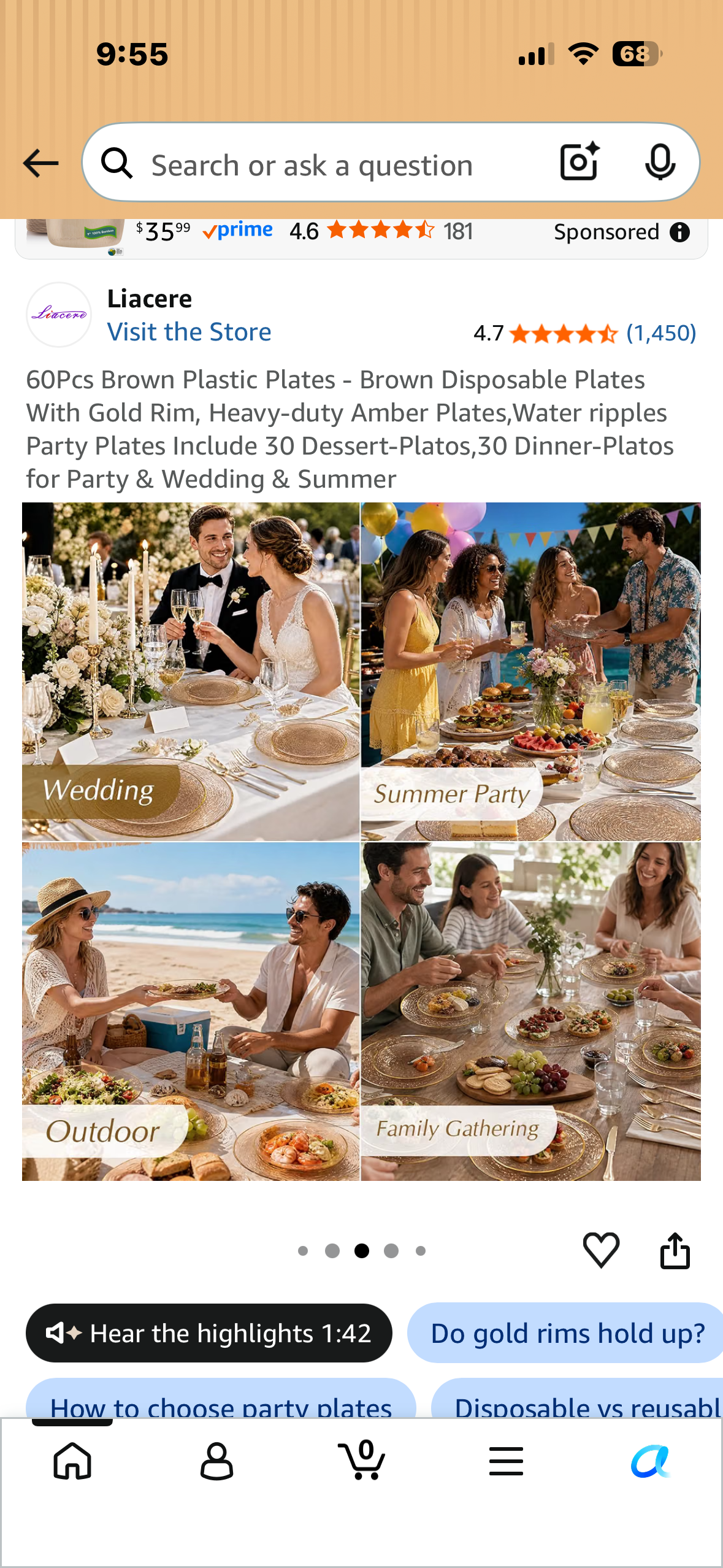 60Pcs Disposable Plates Amber With Gold Rim, Heavy-duty Amber Plates, Decorative Water Ripples Party Plates, Includes 30 Dessert-Platos, 30 Dinner-Plates