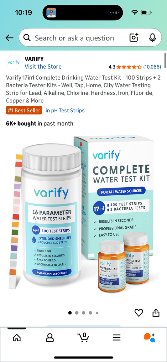 Varify 17in1 Complete Drinking Water Test Kit - 100 Strips + 2 Bacteria Tester Kits - Well, Tap, Home, City Water Testing Strip for Lead, Alkaline, Chlorine, Hardness, Iron, Fluoride, Copper & More